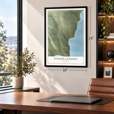 Stones Landing, California map, 18 x 24 inch print in a black frame in a home office