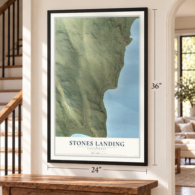 Stones Landing, California map, 24 x 36 inch print in a black frame by a staircase