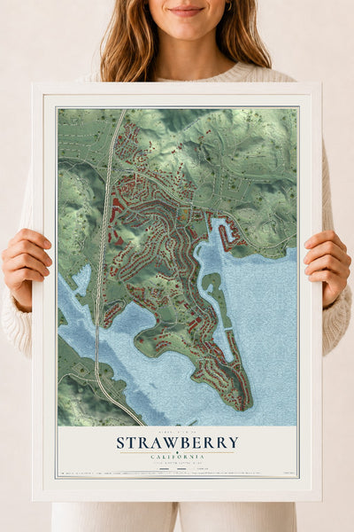 Map of Strawberry, California, 18 x 24 inch print in a white wood frame