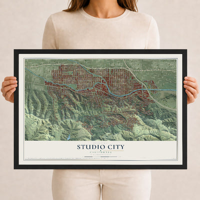 Map of Studio City, California, 12 x 18 inch print in a black wood frame