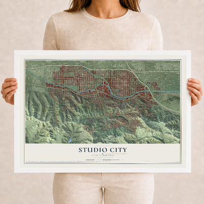 Map of Studio City, California, 12 x 18 inch print in a white wood frame