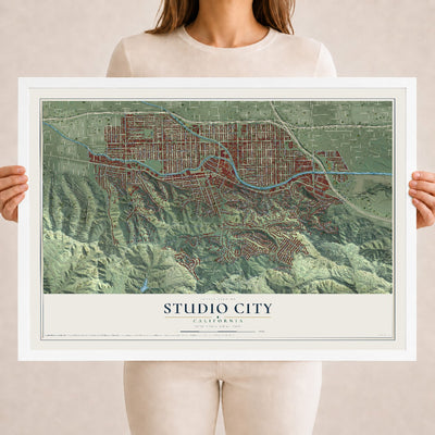 Map of Studio City, California, 18 x 24 inch print in a white wood frame