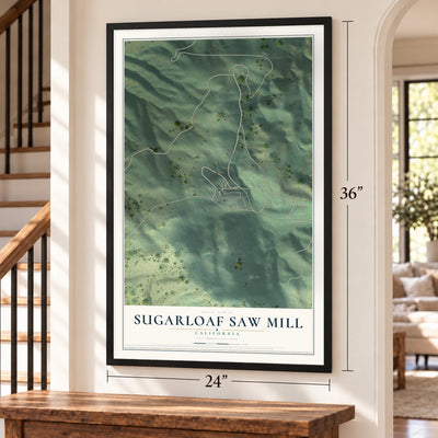 Sugarloaf Saw Mill, California map, 24 x 36 inch print in a black frame by a staircase