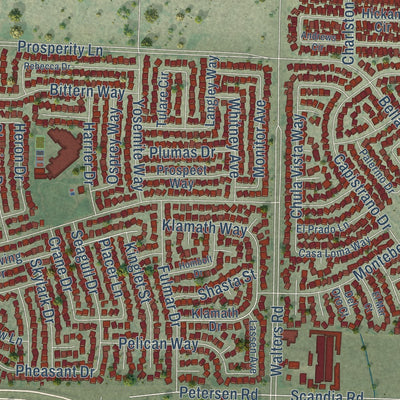 Close-up of the map of Suisun City, California print showing street and building detail