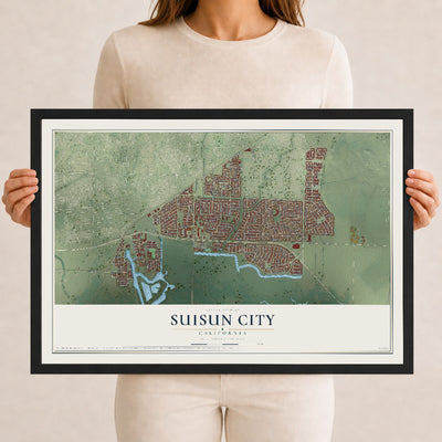 Map of Suisun City, California, 12 x 18 inch print in a black wood frame