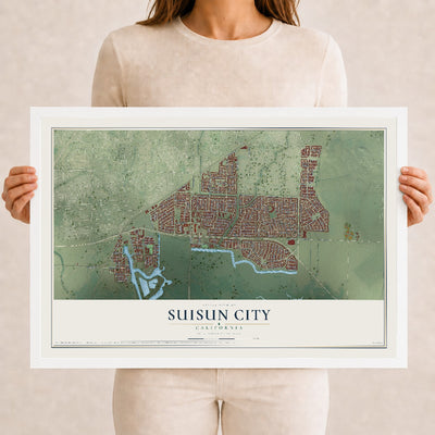 Map of Suisun City, California, 12 x 18 inch print in a white wood frame