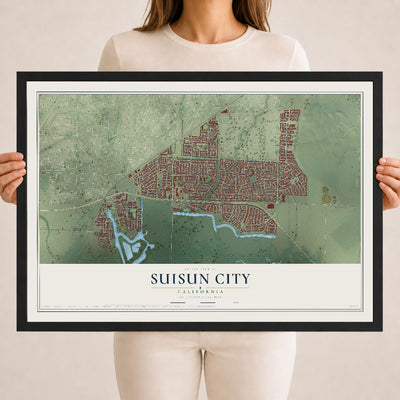 Map of Suisun City, California, 18 x 24 inch print in a black wood frame