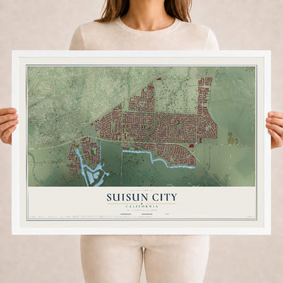Map of Suisun City, California, 18 x 24 inch print in a white wood frame