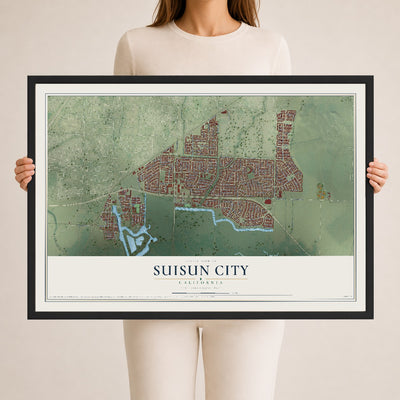 Map of Suisun City, California, 24 x 36 inch print in a black wood frame