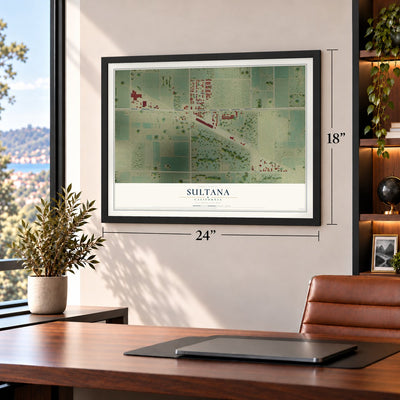 Sultana, California map, 18 x 24 inch print in a black frame in a home office