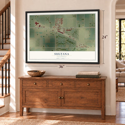 Sultana, California map, 24 x 36 inch print in a black frame above a dresser by a staircase