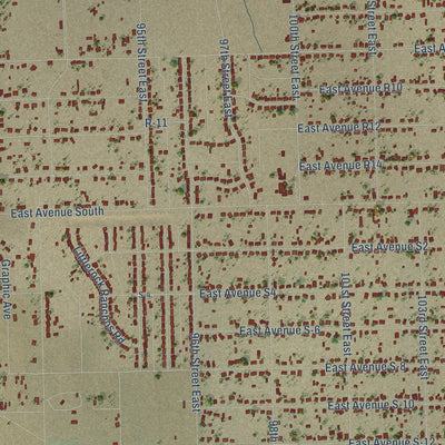 Close-up of the map of Sun Village, California print showing street and building detail