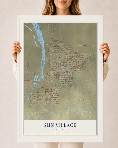 Map of Sun Village, California, 24 x 36 inch print in a white wood frame