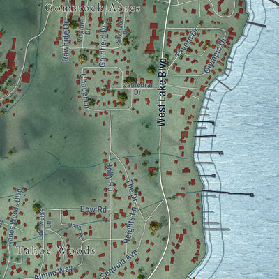 Close-up of the map of Sunnyside-Tahoe City, California print showing street and building detail