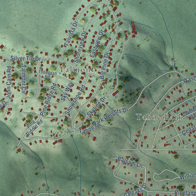 Second close-up of the map of Sunnyside-Tahoe City, California print showing more streets and buildings