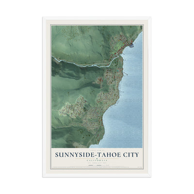 Map of Sunnyside-Tahoe City, California, 12 x 18 inch print in a white wood frame