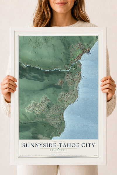Map of Sunnyside-Tahoe City, California, 18 x 24 inch print in a white wood frame