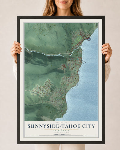 Map of Sunnyside-Tahoe City, California, 24 x 36 inch print in a black wood frame