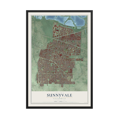 Map of Sunnyvale, California, 12 x 18 inch print in a black wood frame