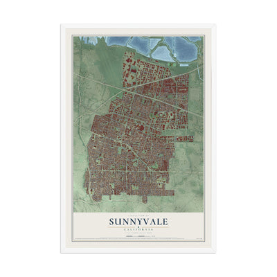 Map of Sunnyvale, California, 12 x 18 inch print in a white wood frame