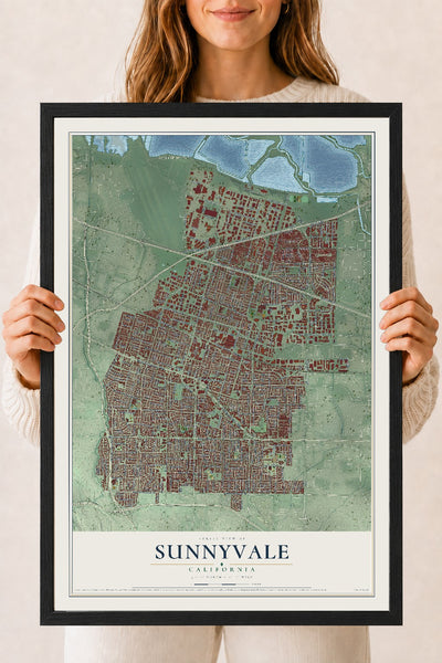 Map of Sunnyvale, California, 18 x 24 inch print in a black wood frame