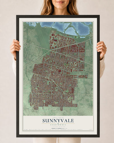 Map of Sunnyvale, California, 24 x 36 inch print in a black wood frame