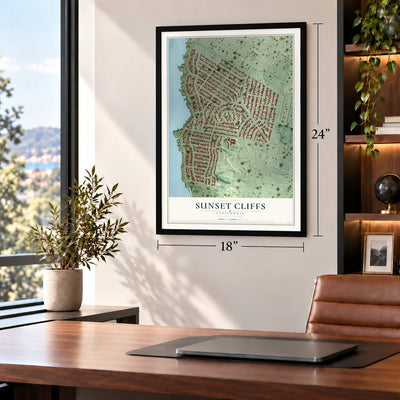 Sunset Cliffs, California map, 18 x 24 inch print in a black frame in a home office