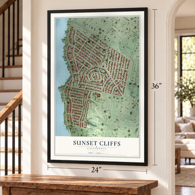 Sunset Cliffs, California map, 24 x 36 inch print in a black frame by a staircase