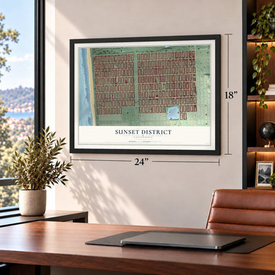 Sunset District, California map, 18 x 24 inch print in a black frame in a home office