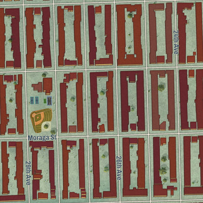 Close-up of the map of Sunset District, California print showing street and building detail