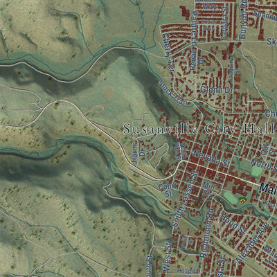 Close-up of the map of Susanville, California print showing street and building detail