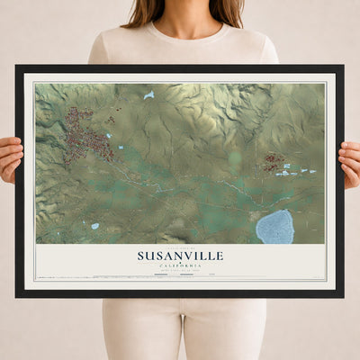 Map of Susanville, California, 18 x 24 inch print in a black wood frame
