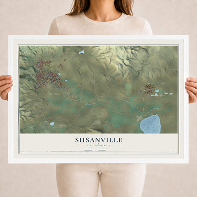 Map of Susanville, California, 18 x 24 inch print in a white wood frame