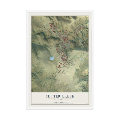 Map of Sutter Creek, California, 12 x 18 inch print in a white wood frame