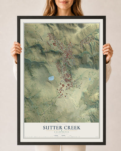 Map of Sutter Creek, California, 24 x 36 inch print in a black wood frame