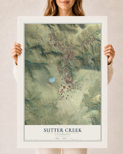 Map of Sutter Creek, California, 24 x 36 inch print in a white wood frame