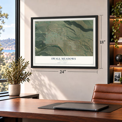 Swall Meadows, California map, 18 x 24 inch print in a black frame in a home office