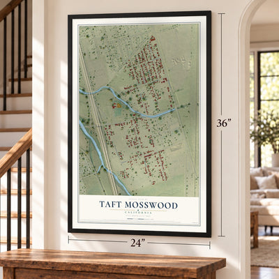 Taft Mosswood, California map, 24 x 36 inch print in a black frame by a staircase