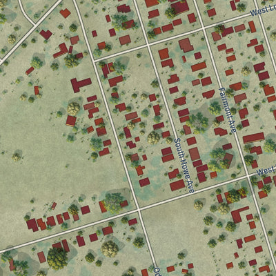 Close-up of the map of Taft Mosswood, California print showing street and building detail