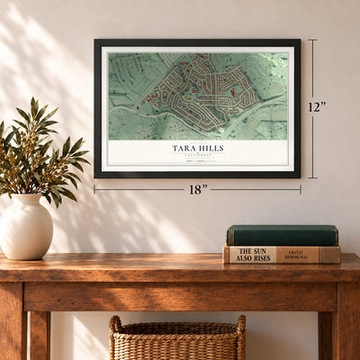 Tara Hills, California map, 12 x 18 inch print in a black frame in an entryway