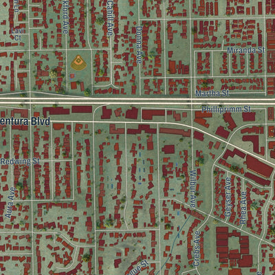 Close-up of the map of Tarzana, California print showing street and building detail