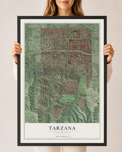 Map of Tarzana, California, 24 x 36 inch print in a black wood frame