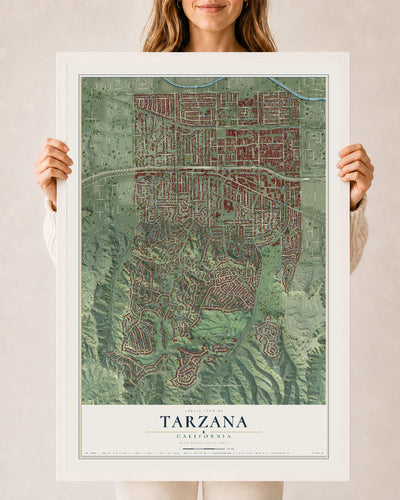 Map of Tarzana, California, 24 x 36 inch print in a white wood frame