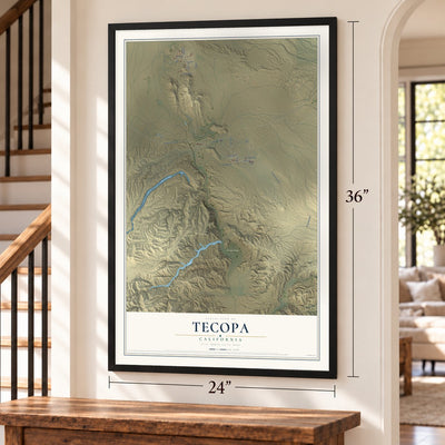 Tecopa, California map, 24 x 36 inch print in a black frame by a staircase