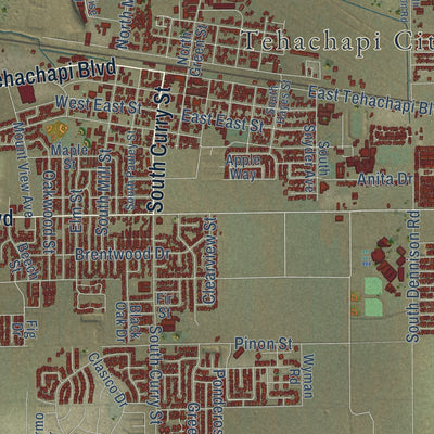 Close-up of the map of Tehachapi, California print showing street and building detail