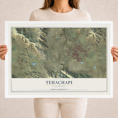 Map of Tehachapi, California, 18 x 24 inch print in a white wood frame
