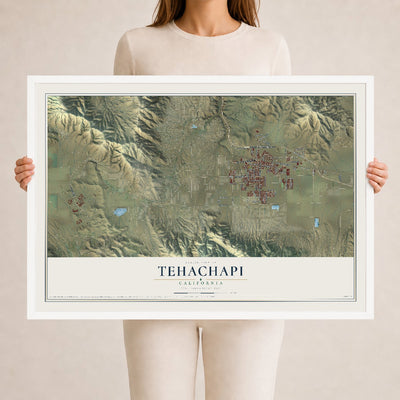 Map of Tehachapi, California, 24 x 36 inch print in a white wood frame