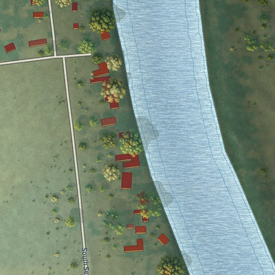 Second close-up of the map of Tehama, California print showing more streets and buildings
