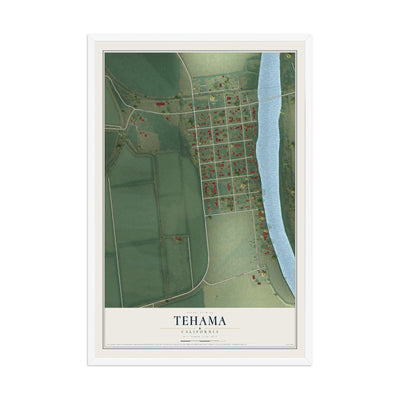 Map of Tehama, California, 12 x 18 inch print in a white wood frame