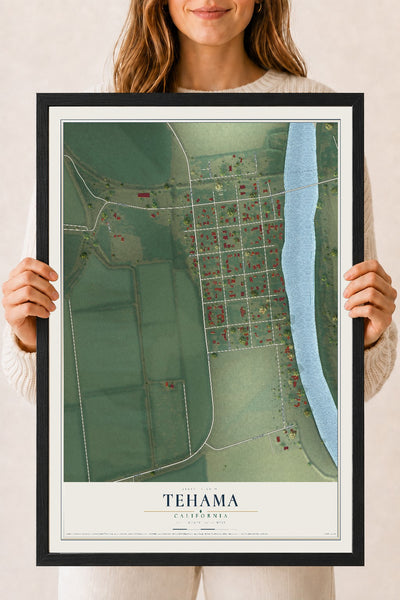 Map of Tehama, California, 18 x 24 inch print in a black wood frame